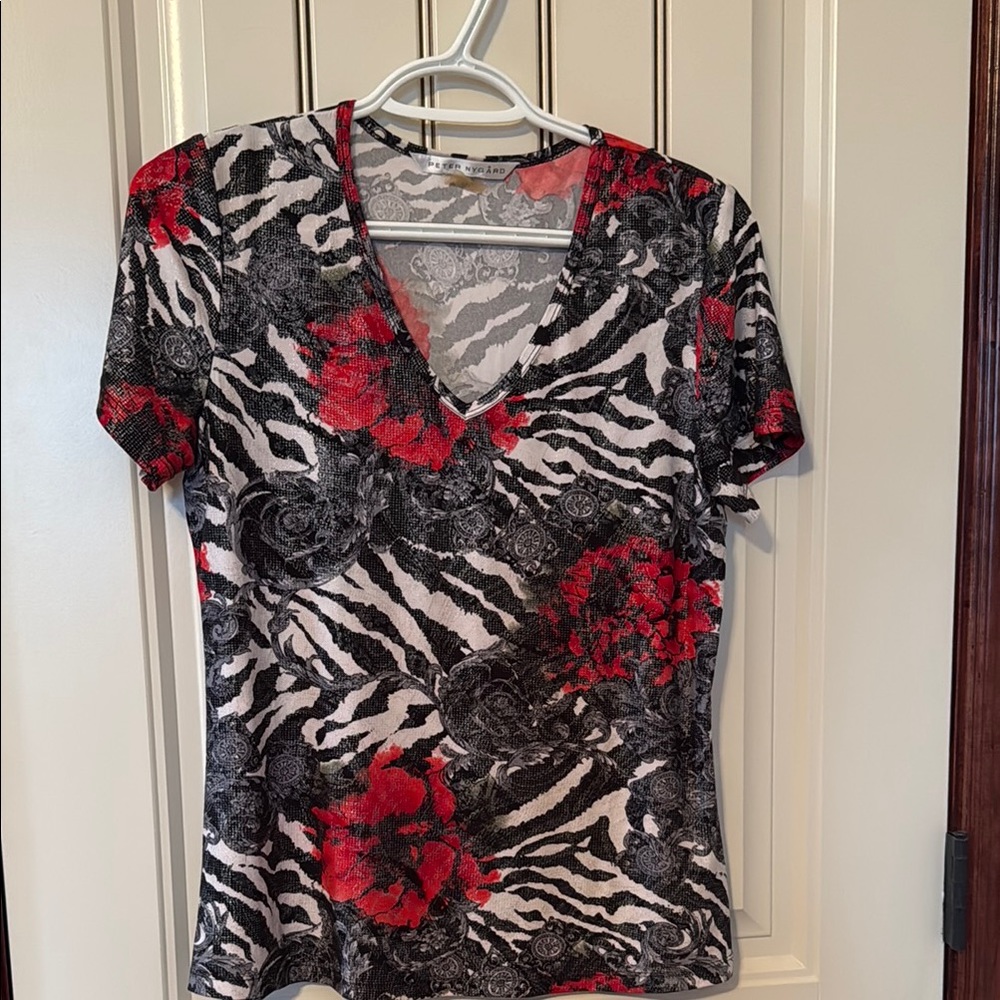 Nygard Animal Print T-Shirt with Poppies, Red, Black & Cream Great Condition